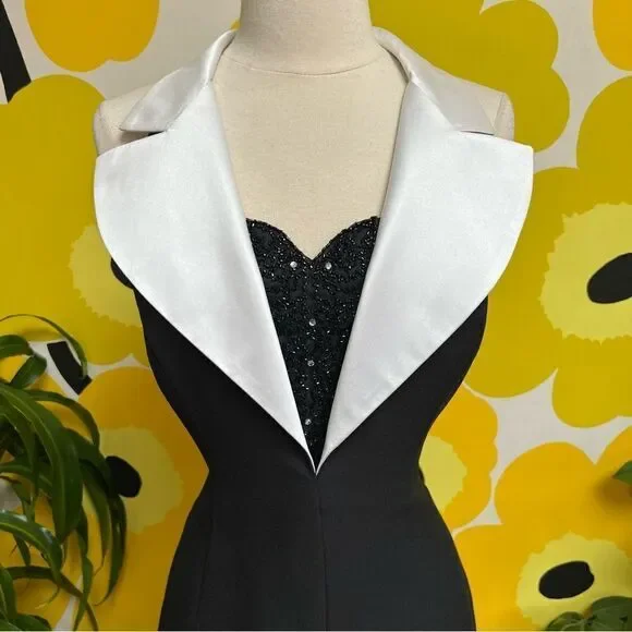 Vintage 1980s 1990s Beaded Tuxedo Wiggle Strappy Back Cigarette Style Gown - Picture 6 of 11